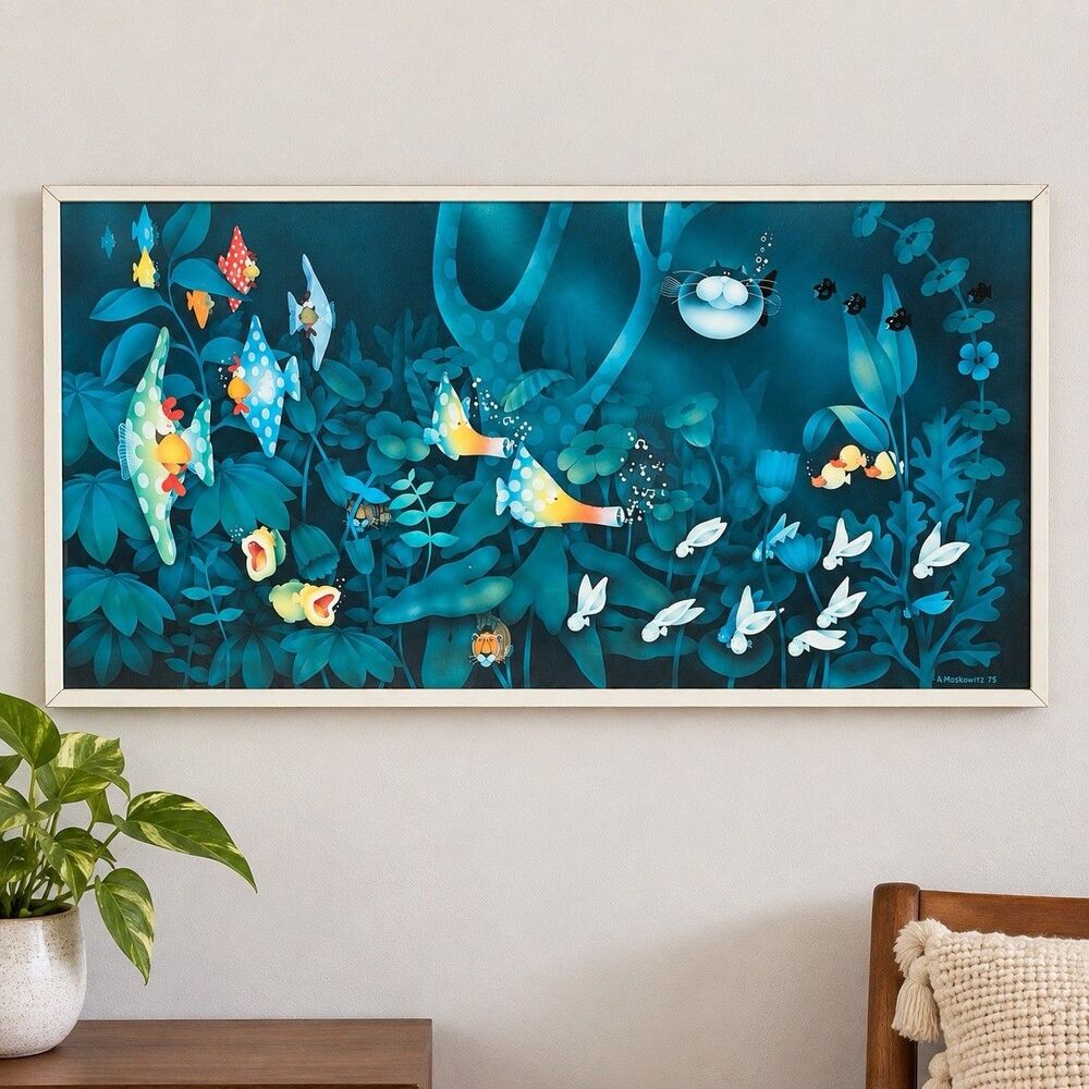Stewart Moskowitz Aquarium 1975 Vintage Framed Fish Ocean Art Print 36x20